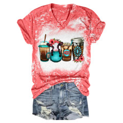 Blooms Brews Floral Babe Cow Coffee Drink Tie-Dye V-Neck T-Shirt
